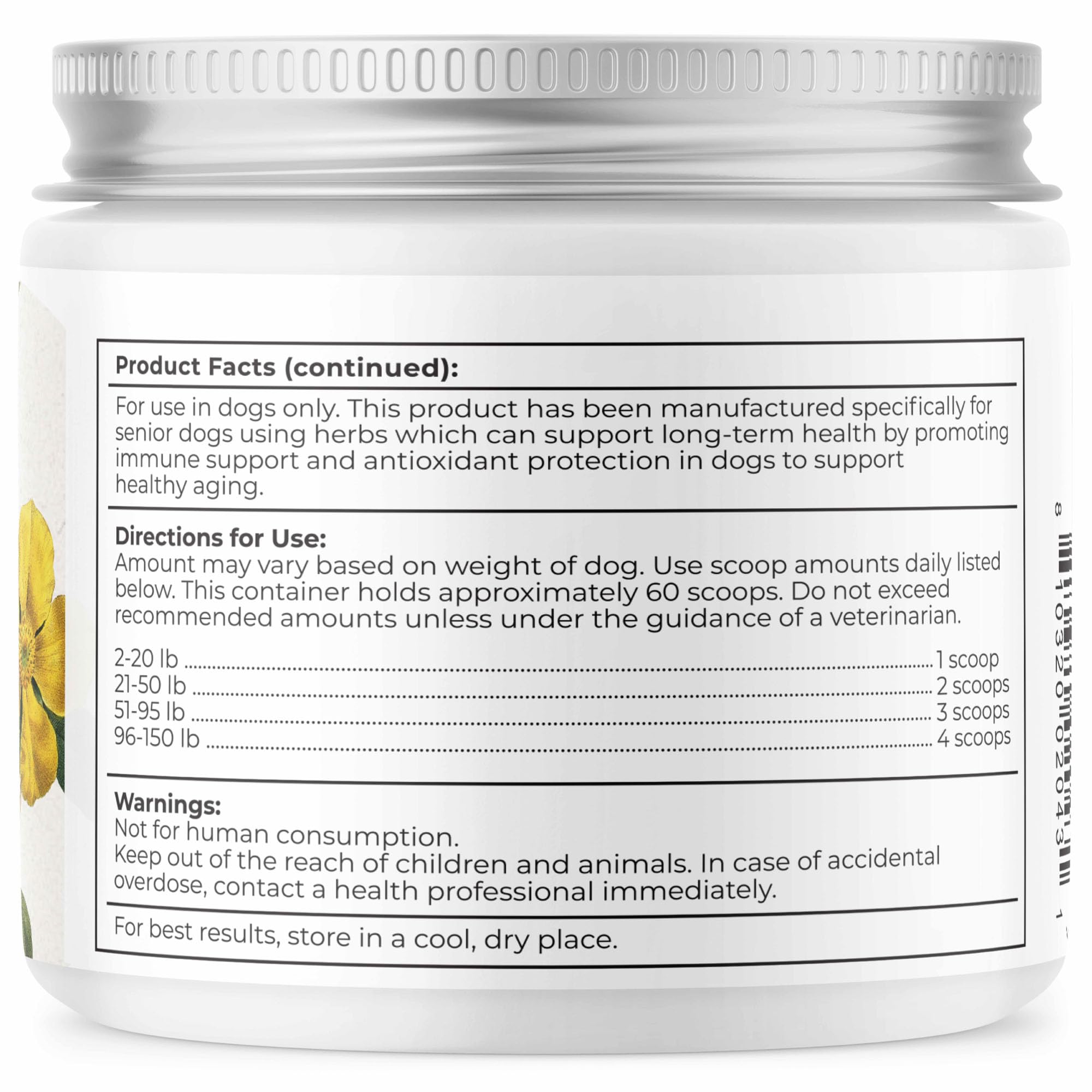 Dr. Harvey's Golden Years dried-herbs-rosehips highlights a natural blend for senior-dog wellness.