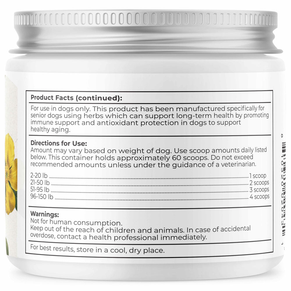 Dr. Harvey's Golden Years dried-herbs-rosehips highlights a natural blend for senior-dog wellness.