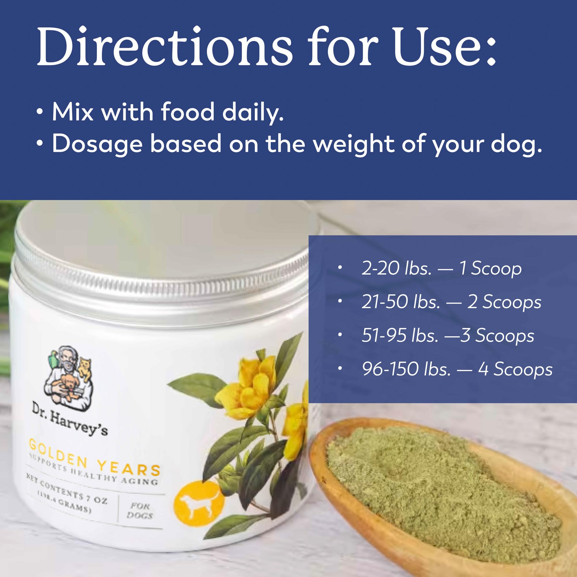 Dr. Harvey's Golden Years ingredients-alfalfa-kelp feature nutrient-rich herbs for gentle daily support.