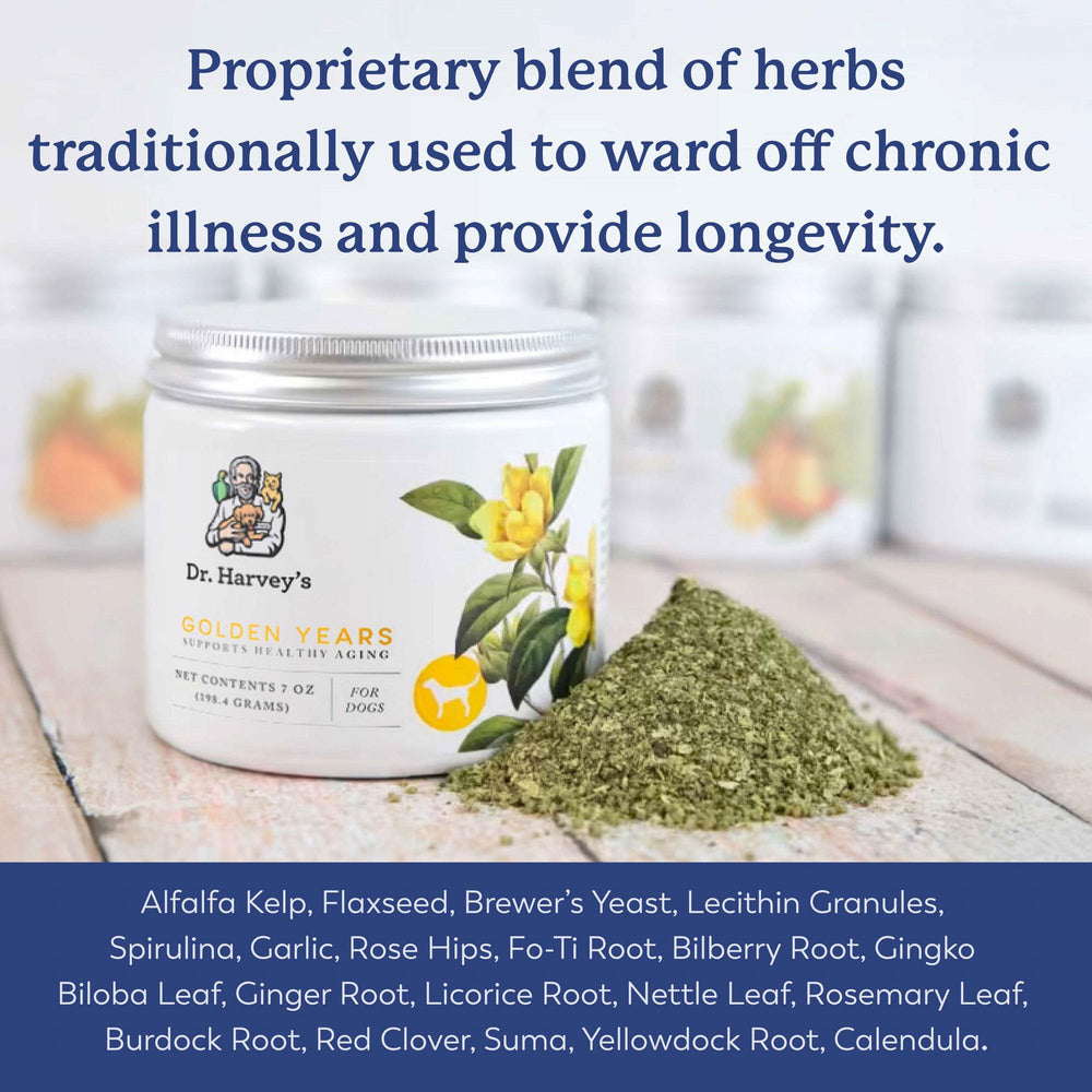 Dr. Harvey's Golden Years label-closeup highlights preservative-free, USA-made quality.