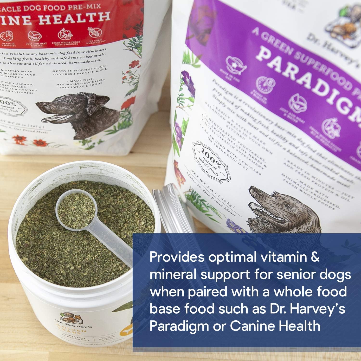 Dr. Harvey's Golden Years packaging-photo communicates ready-to-serve, powdered formula.