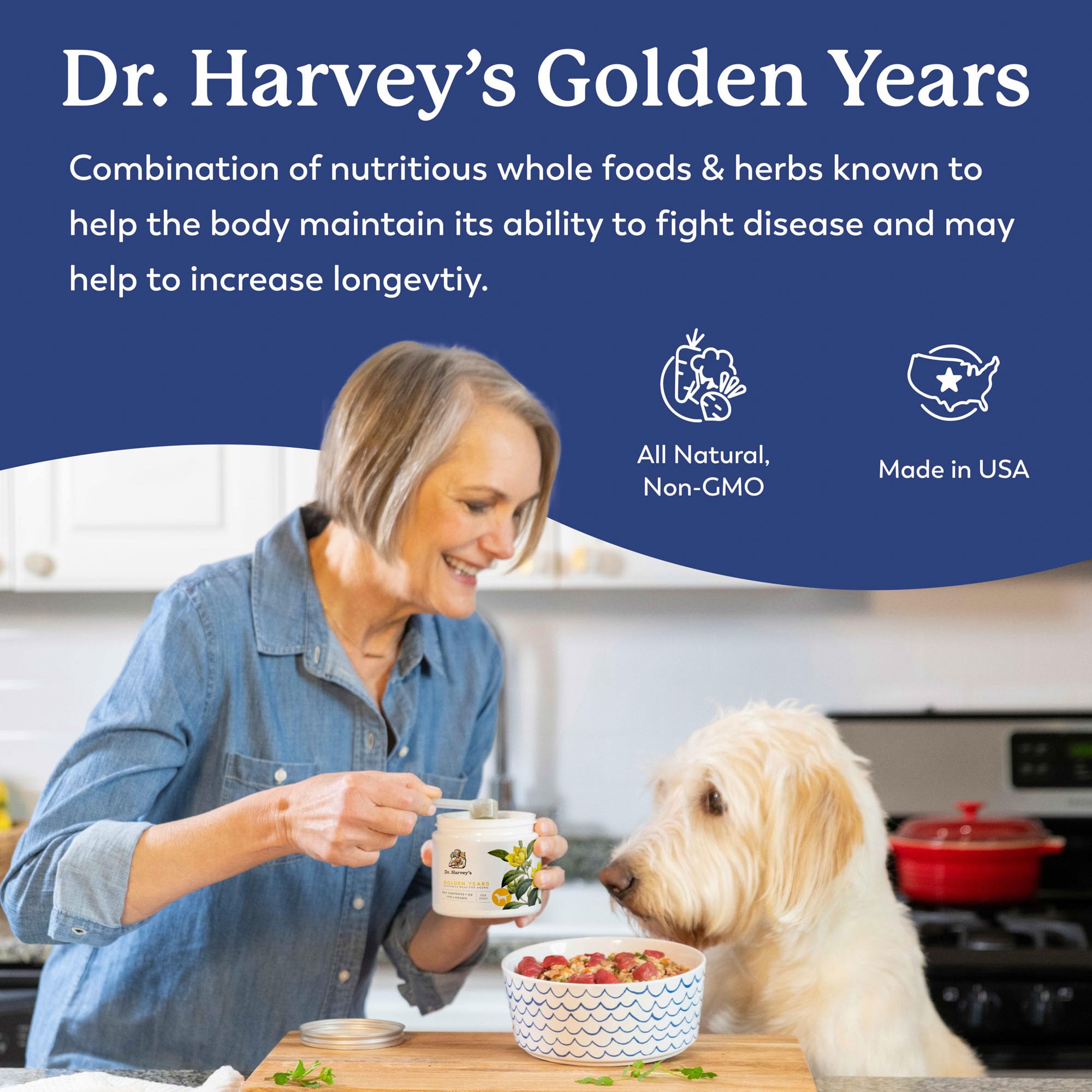 Dr. Harvey's Golden Years pour-spoon emphasizes convenient dosing into food.