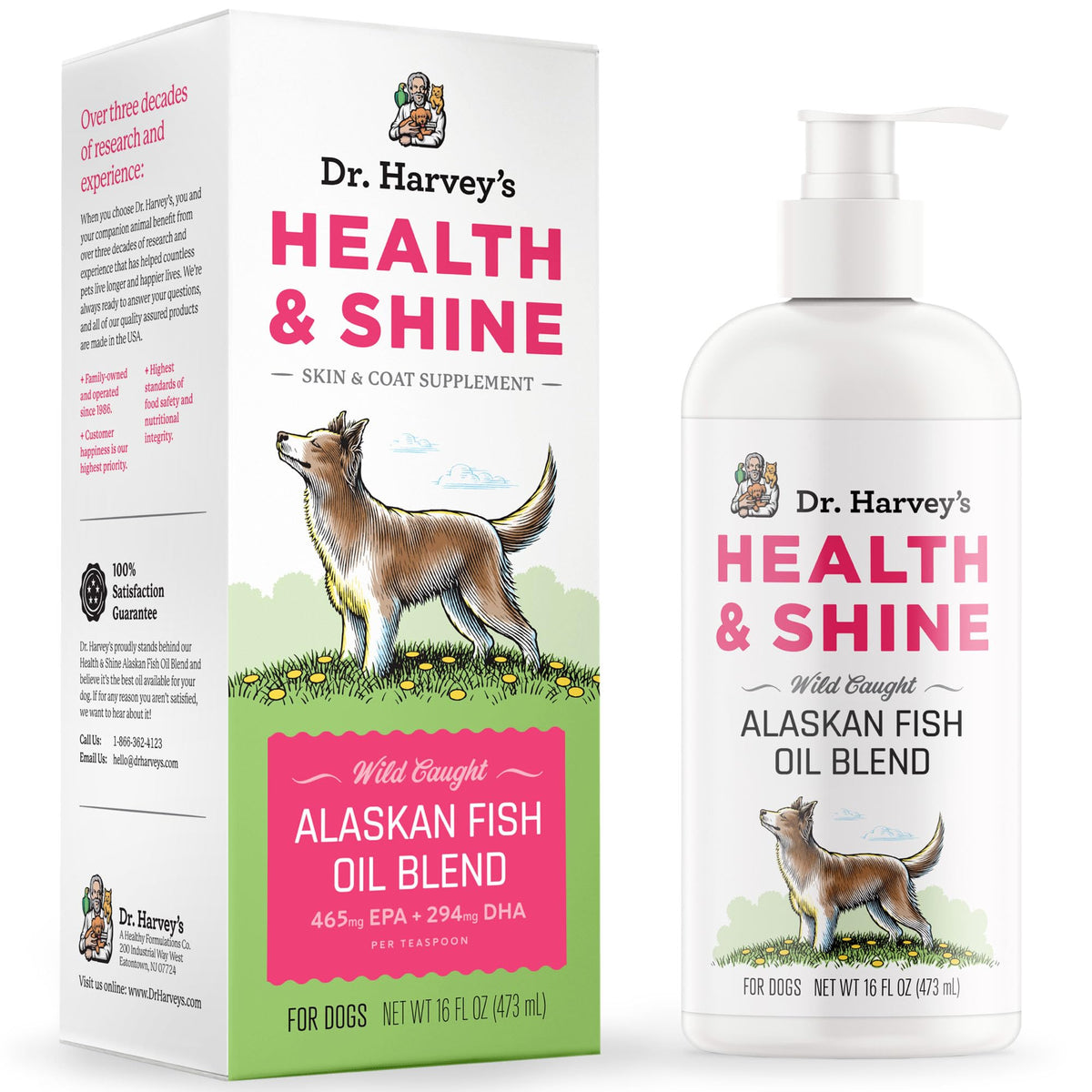 Dr. Harvey's Health & Shine fish oil bottle with pump for easy dosing and coat shine