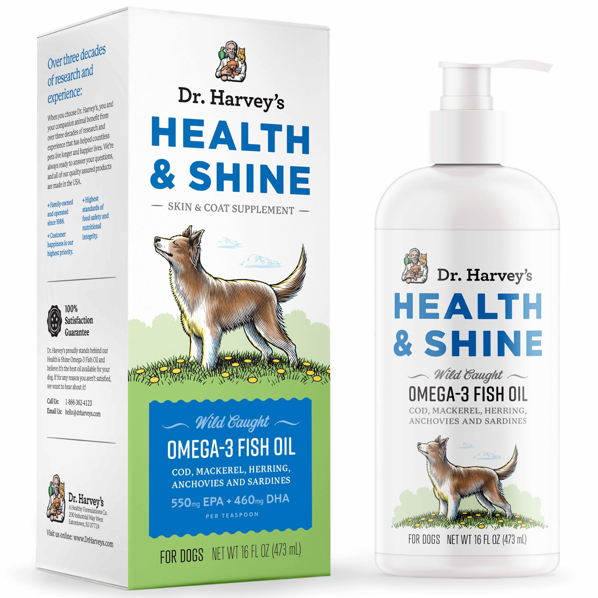 Dr. Harvey’s Health & Shine Omega-3 bottle supports a healthy coat and skin.