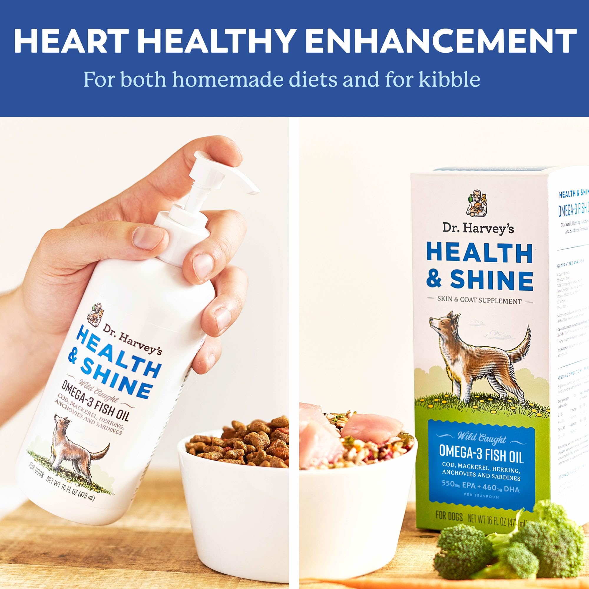 Dr. Harvey’s Health & Shine omega-3 ingredients label shows EPA and DHA levels.