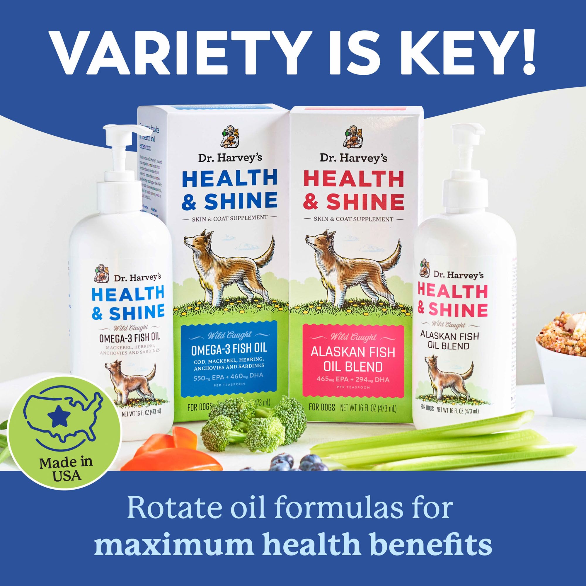 Dr. Harvey’s Health & Shine no fish odor feature emphasizes odor-free dosing.