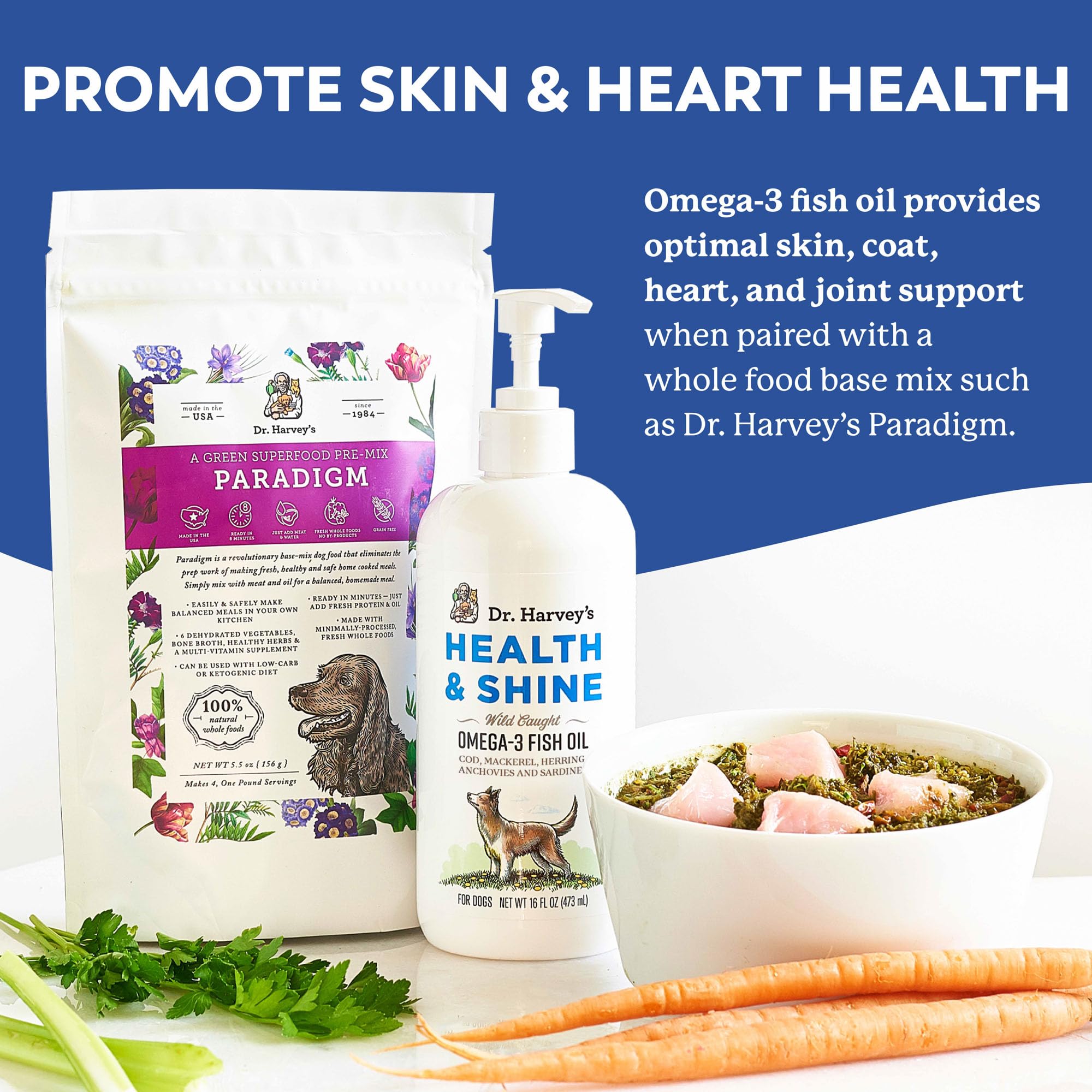 Dr. Harvey’s Health & Shine Omega-3 pump enables mess-free dosing for dogs.