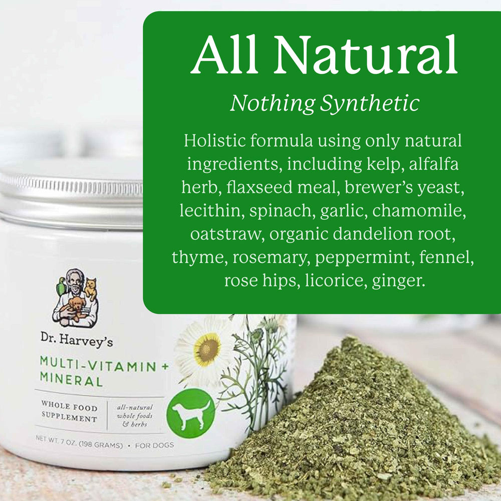 Dr. Harvey's Herbal Multi-Vitamin ingredients close-up for daily nutrition.
