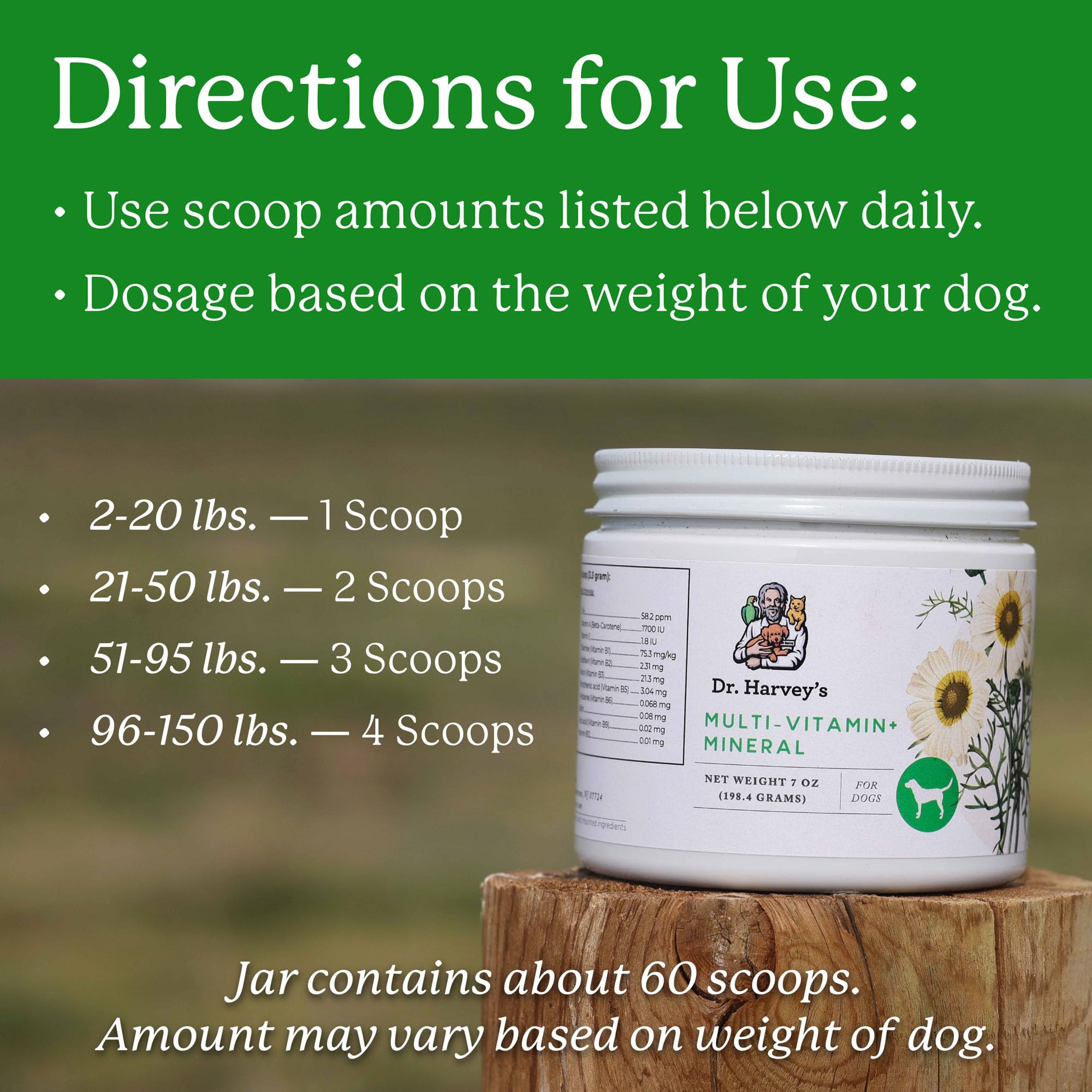 Dr. Harvey's Herbal Multi-Vitamin sprinkled into dog food for daily use.