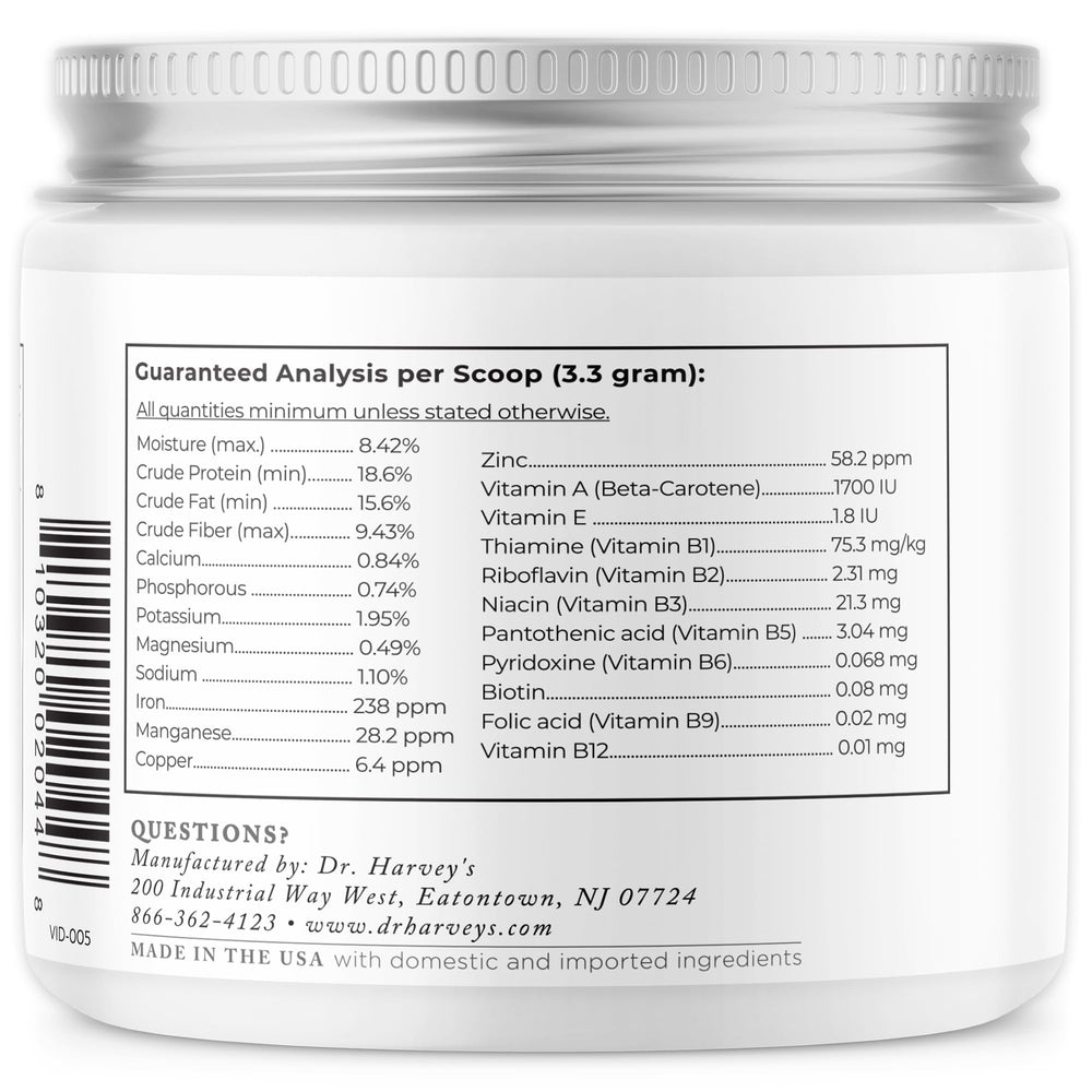 Dr. Harvey's Herbal Multi-Vitamin natural ingredients highlight wholesome dog nutrition.