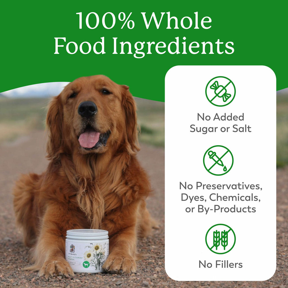 Dr. Harvey's Herbal Multi-Vitamin pour-scoop shows easy mix into meals.