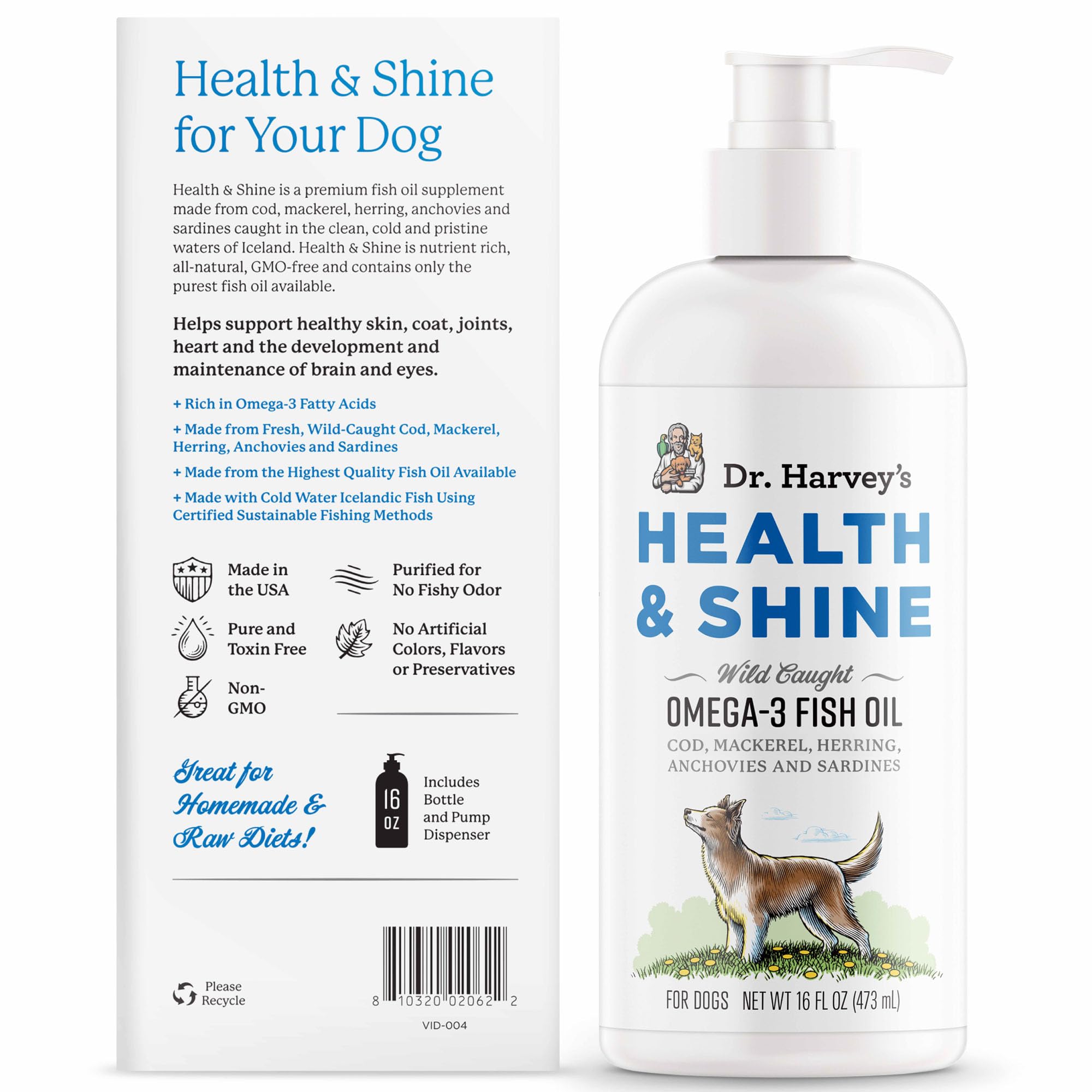 Dr. Harvey’s Health & Shine omega-3 pictured with meals for canine wellness.