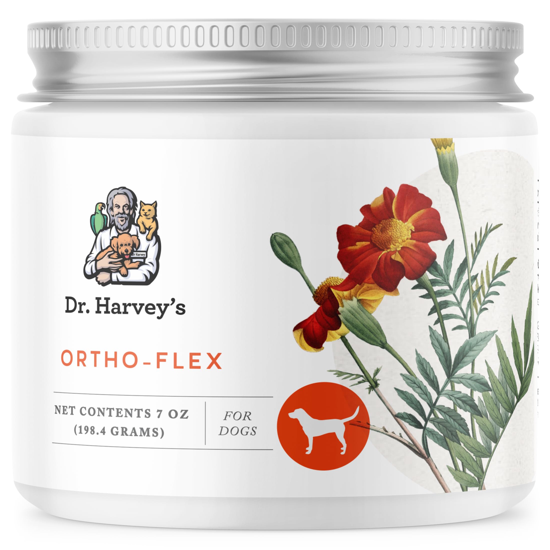 Dr. Harvey's Ortho-Flex dog supplement bottle for joint mobility and senior-dog comfort.
