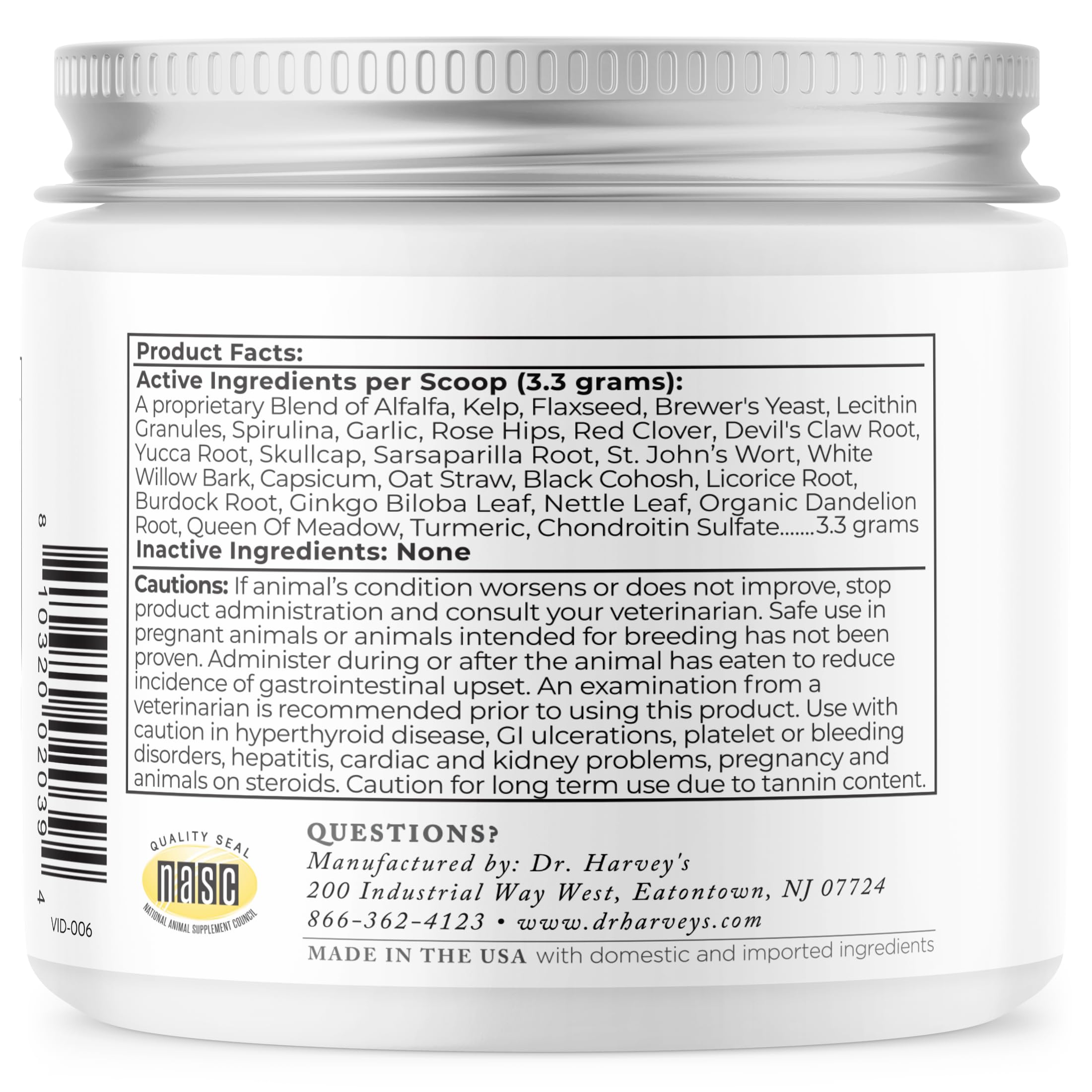 Dr. Harvey's Ortho-Flex jar displayed with a dog toy for daily joint support.