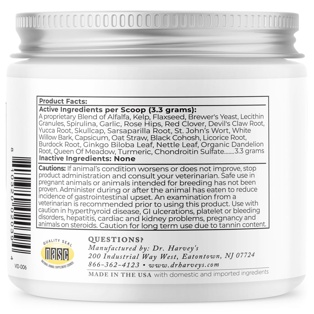 Dr. Harvey's Ortho-Flex jar displayed with a dog toy for daily joint support.