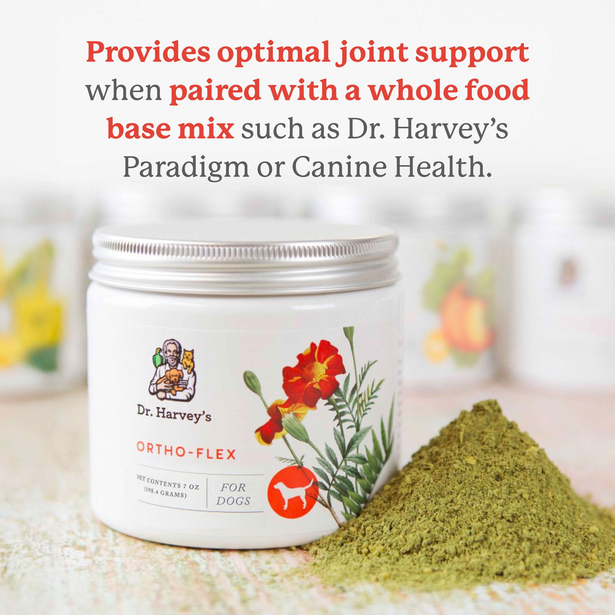 Dr. Harvey's Ortho-Flex scoop showing powder texture for easy mixing.