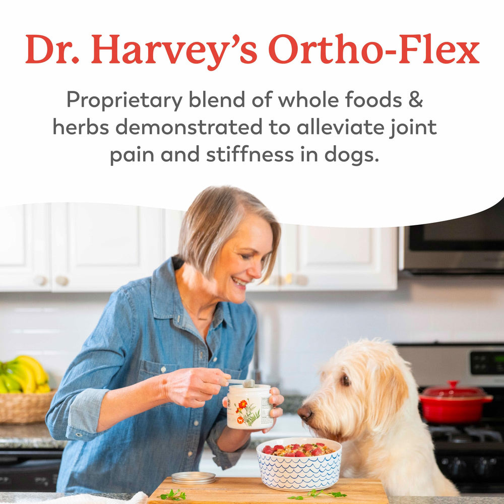 Dr. Harvey's Ortho-Flex ingredients close-up highlighting an all-natural hip and joint blend.
