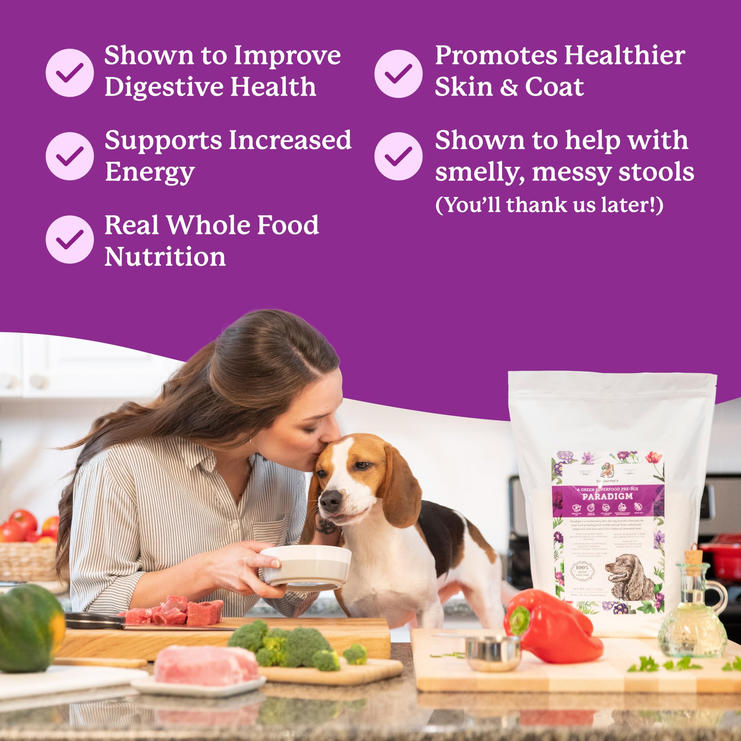 Front view of Dr. Harvey's Paradigm bag highlighting human-grade ingredients.