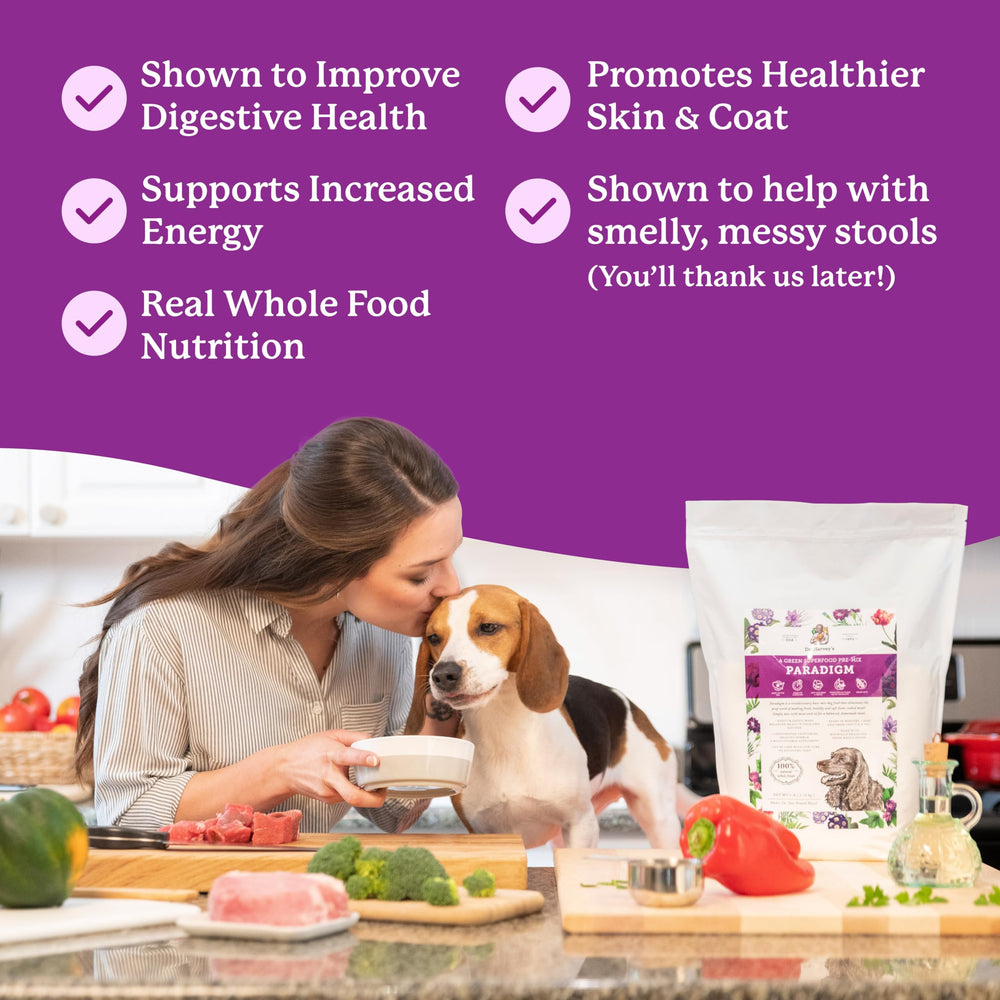 Front view of Dr. Harvey's Paradigm bag highlighting human-grade ingredients.