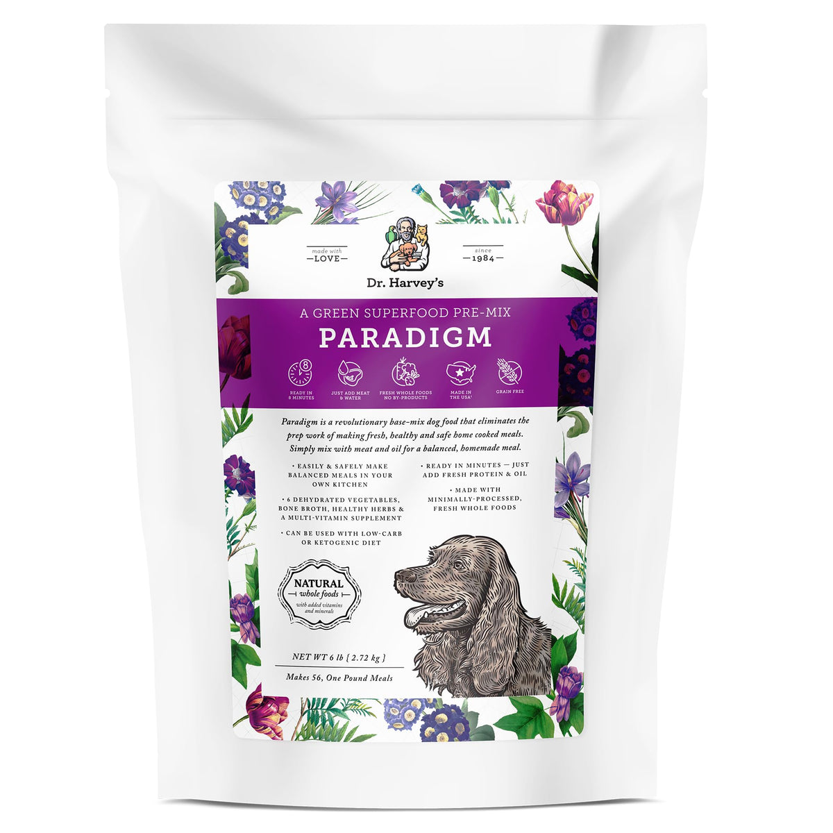 dr-harveys paradigm green base mix bag supports balanced, homemade dog meals.