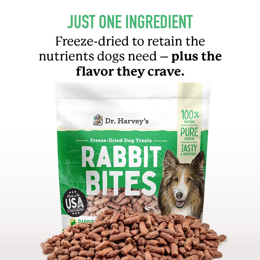 Dr. Harvey's Rabbit Bites close-up of freeze-dried rabbit meat, high-protein reward.