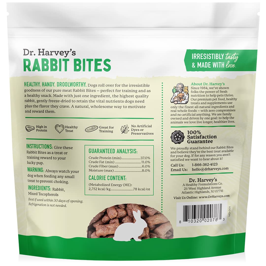 Dr. Harvey's Rabbit Bites ingredient label highlighting single-ingredient rabbit.