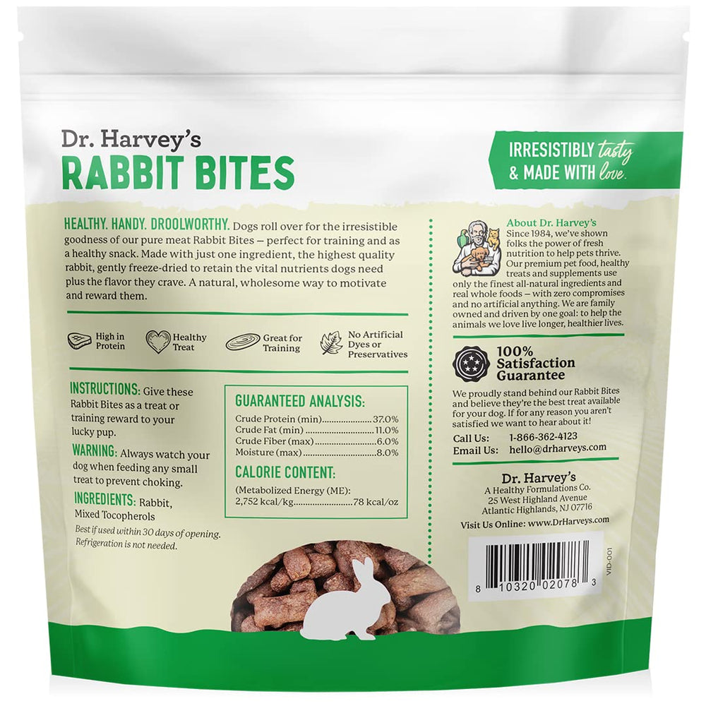 Dr. Harvey's Rabbit Bites ingredient label highlighting single-ingredient rabbit.