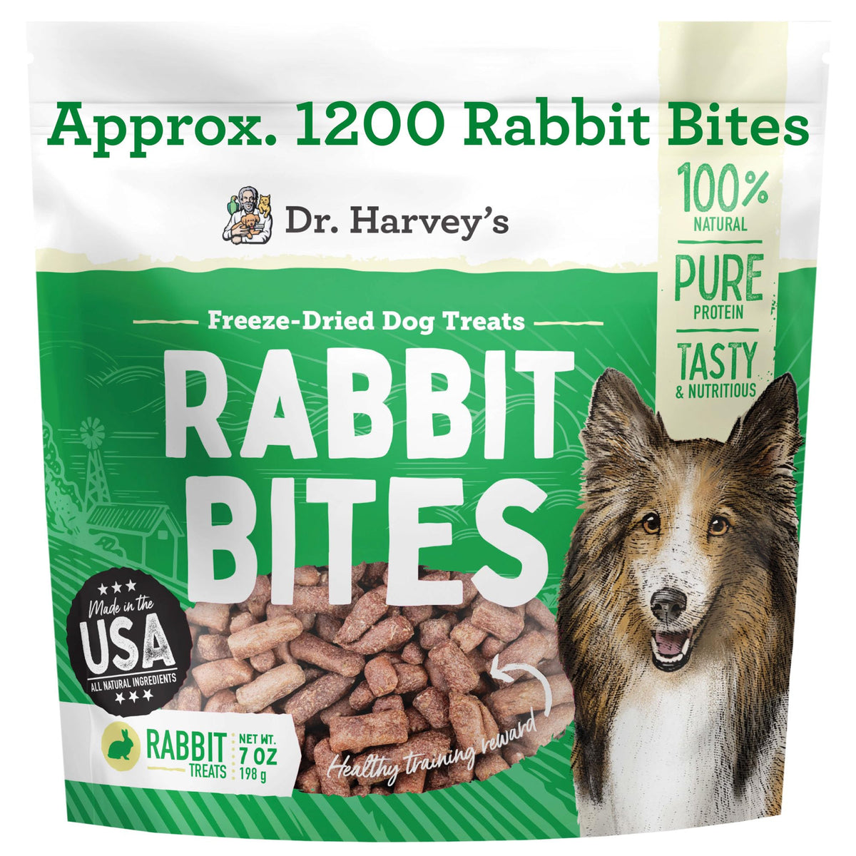 Dr. Harvey's Rabbit Bites pack shot for all-natural rabbit treats, ideal for training rewards.