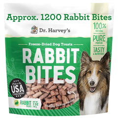 Dr. Harvey's Rabbit Bites pack shot for all-natural rabbit treats, ideal for training rewards.