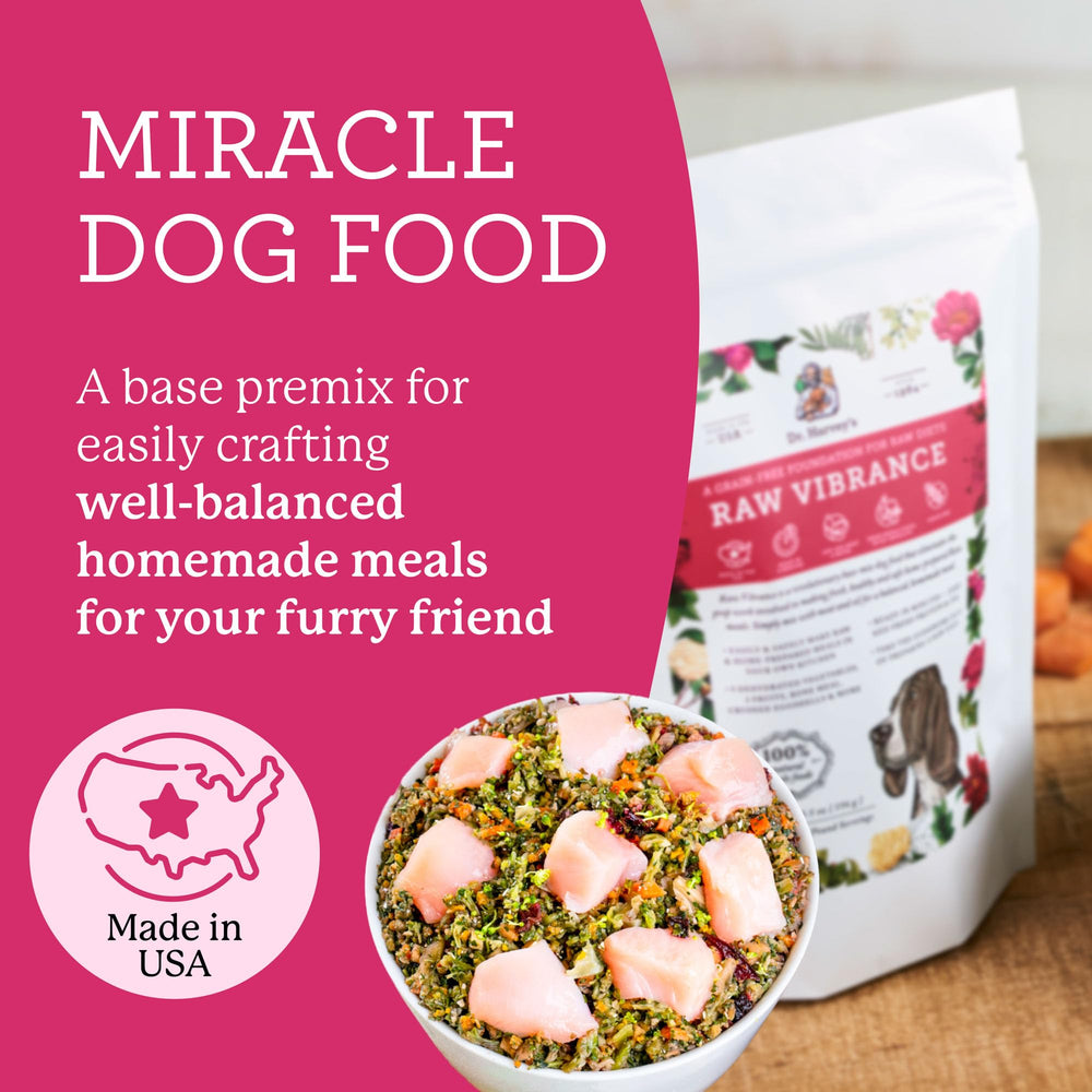 Dr. Harvey's Raw Vibrance base-mix ingredients — goat's milk and mussels for wholesome nutrition.