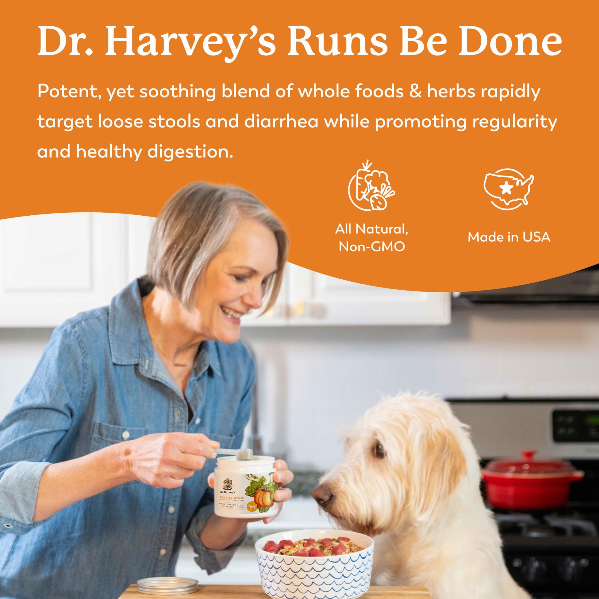 Dr. Harvey's Runs Be Done ingredients list showing whole-food blend for digestion