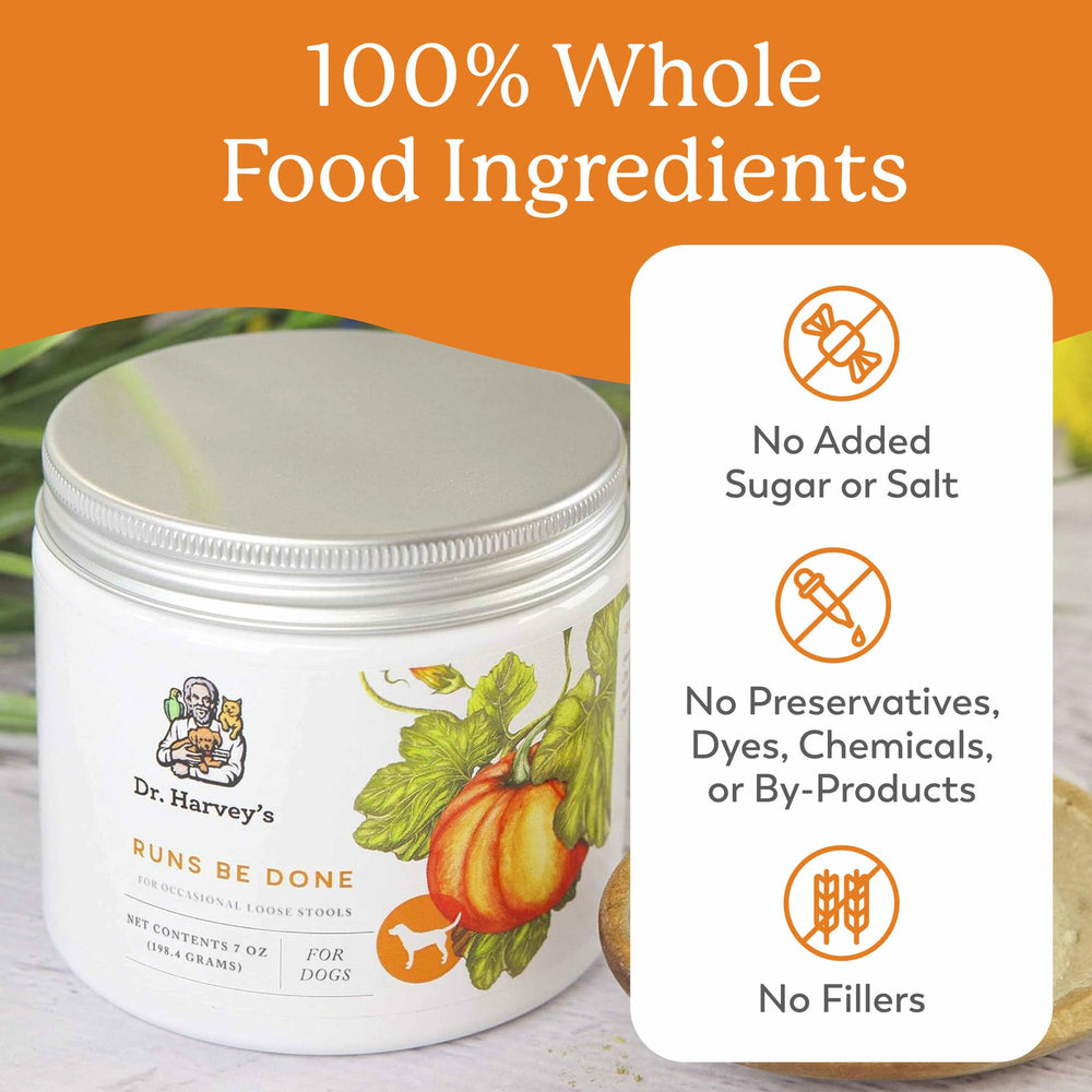 Dr. Harvey's Runs Be Done label close-up highlighting natural blend for gut comfort