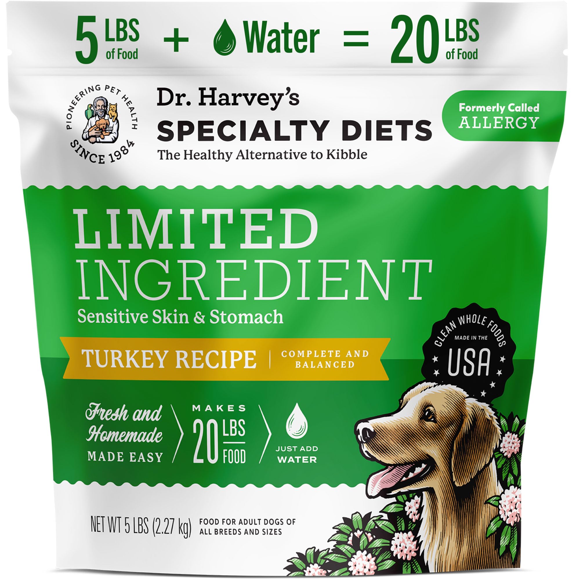 Dr. Harvey's Turkey Recipe dog food bag showing grain-free, limited-ingredient formula.