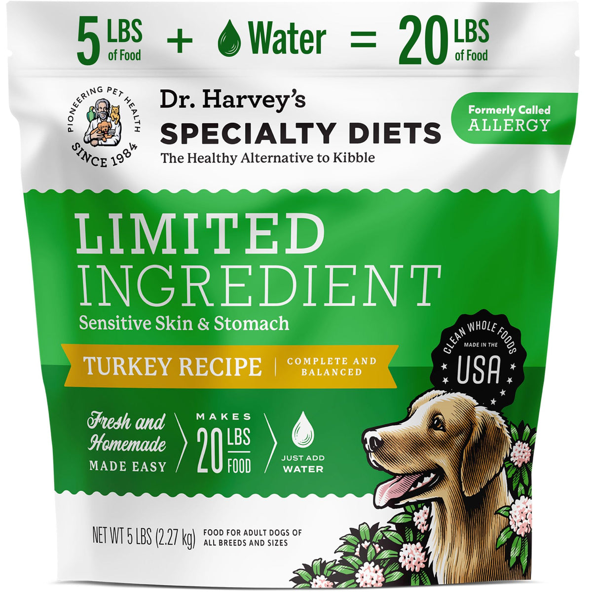 Dr. Harvey's Turkey Recipe dog food bag showing grain-free, limited-ingredient formula.