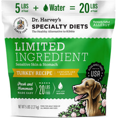 Dr. Harvey's Turkey Recipe dog food bag showing grain-free, limited-ingredient formula.