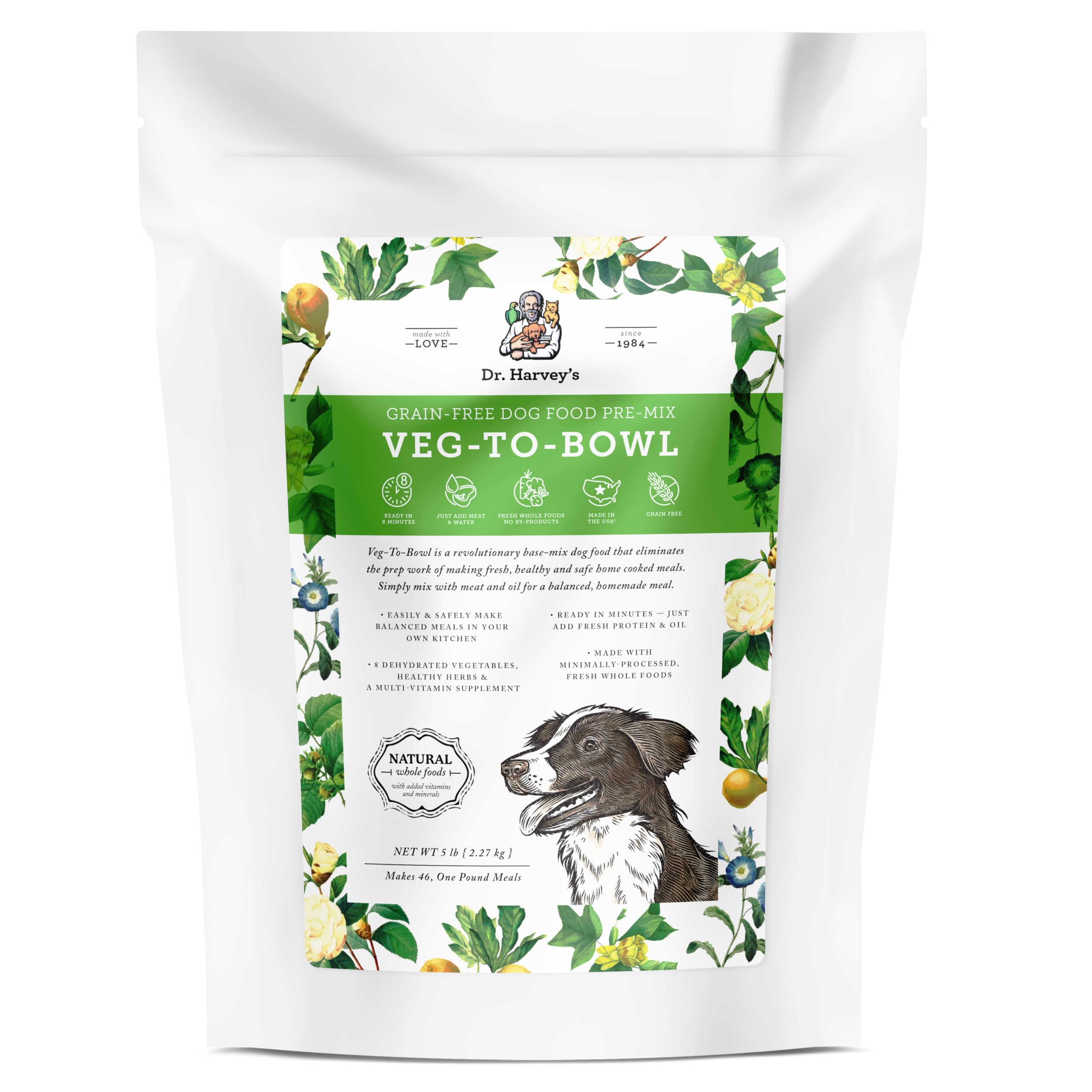 Dr. Harvey's Veg-to-Bowl base mix front view, grain-free foundation for customizable dog meals
