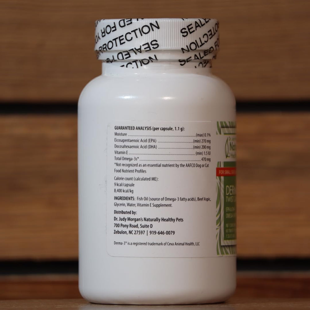 Dr. Judy Morgan's Derma-3 twist caps ready for omega-3 dosing.