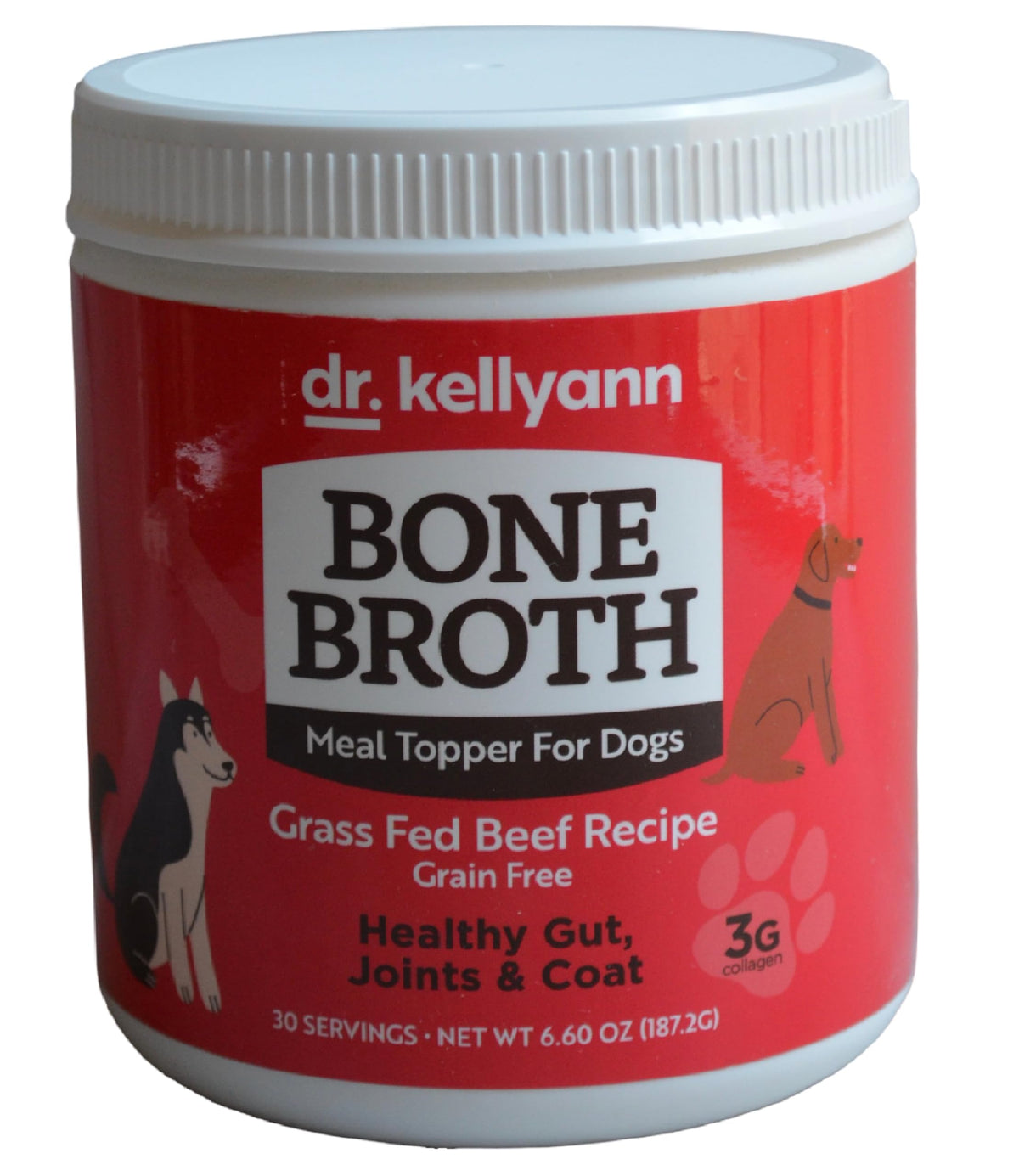 Dr. Kellyann bone broth topper poured into dog bowl for joint support