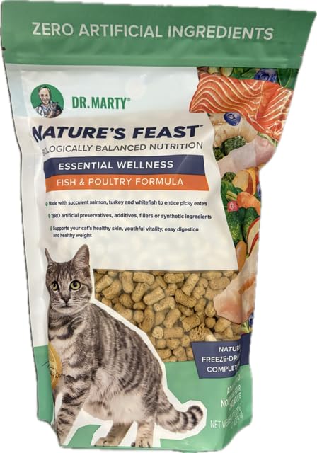 Dr. Marty Essential Wellness fish-poultry dry cat food product shot showing balanced nutrition for a healthy coat