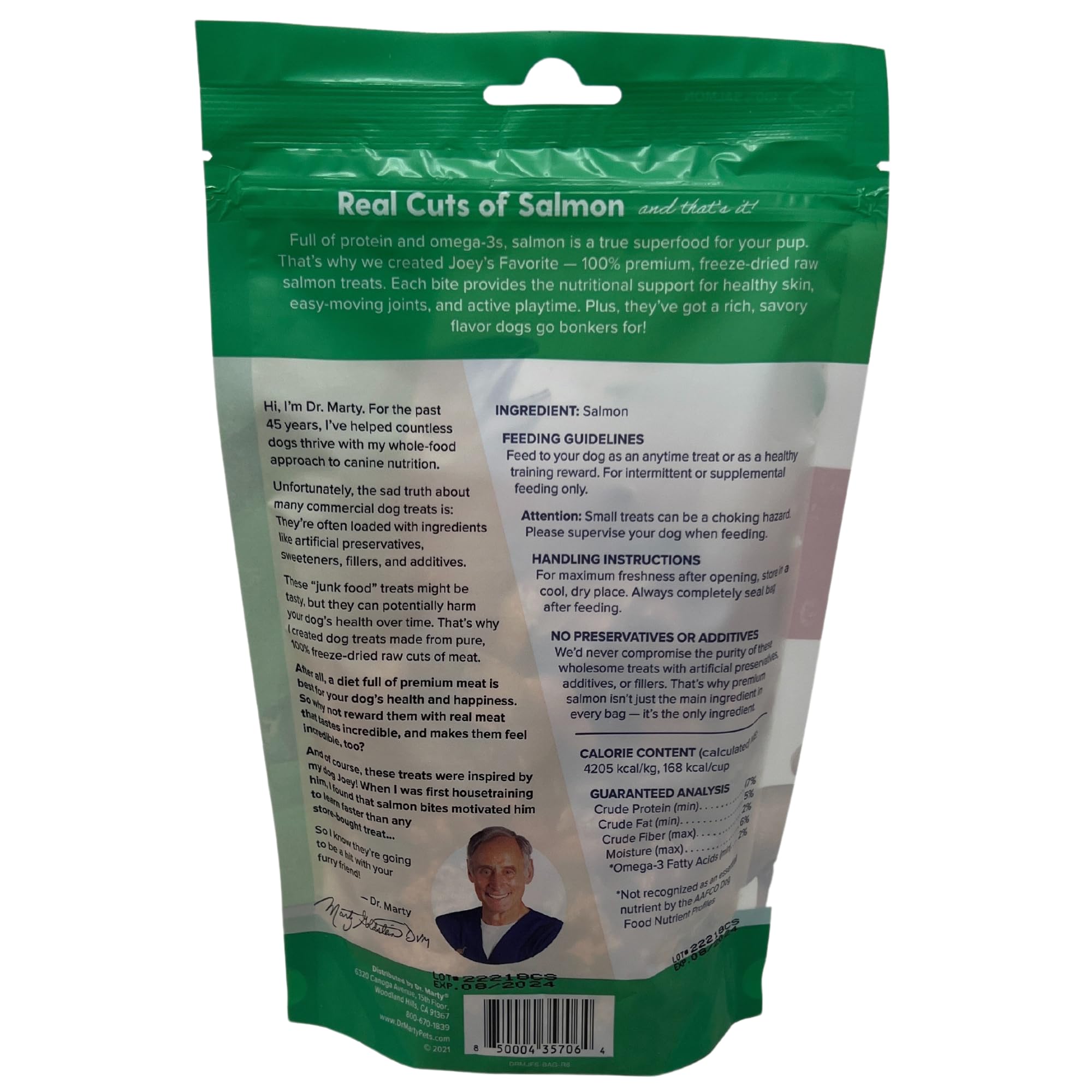 Dr. Marty Joey's Favorite Salmon Dog Treat 4 oz close-up—crunchy freeze-dried salmon bites for tasty training treats.