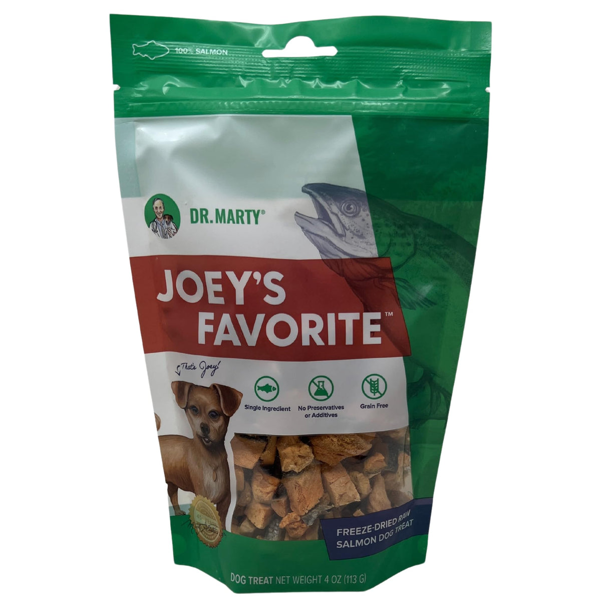 Dr. Marty Joey's Favorite Salmon Dog Treat 4 oz packaging—great for all-breed training rewards.