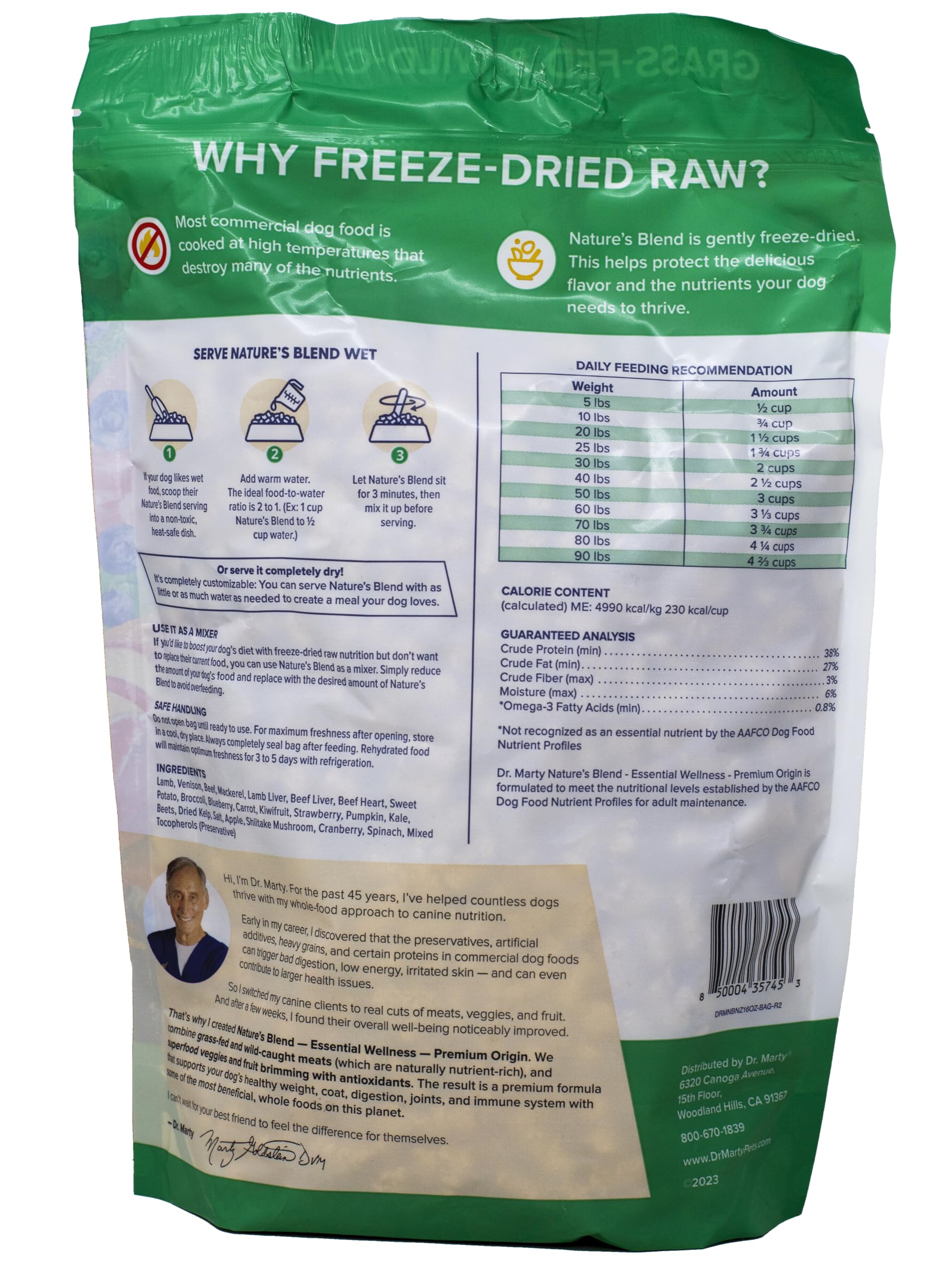 Dr. Marty Nature Blend ingredient closeup highlights NZ lamb, venison, beef, and mackerel for balanced nutrition.
