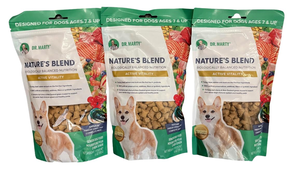 Dr. Marty Nature’s Blend Active Vitality dog food bag showing 6 oz packs for convenient, on-the-go meals