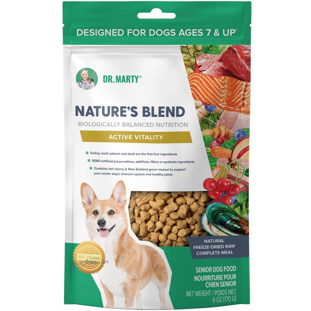 Dr. Marty Nature's Blend Active Vitality Seniors image showcases freeze-dried bites for immunity and joint support.