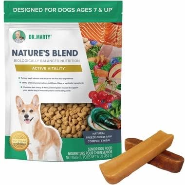 Dr. Marty Nature's Blend Active Vitality Seniors freeze-dried dog food in a bowl supports senior vitality