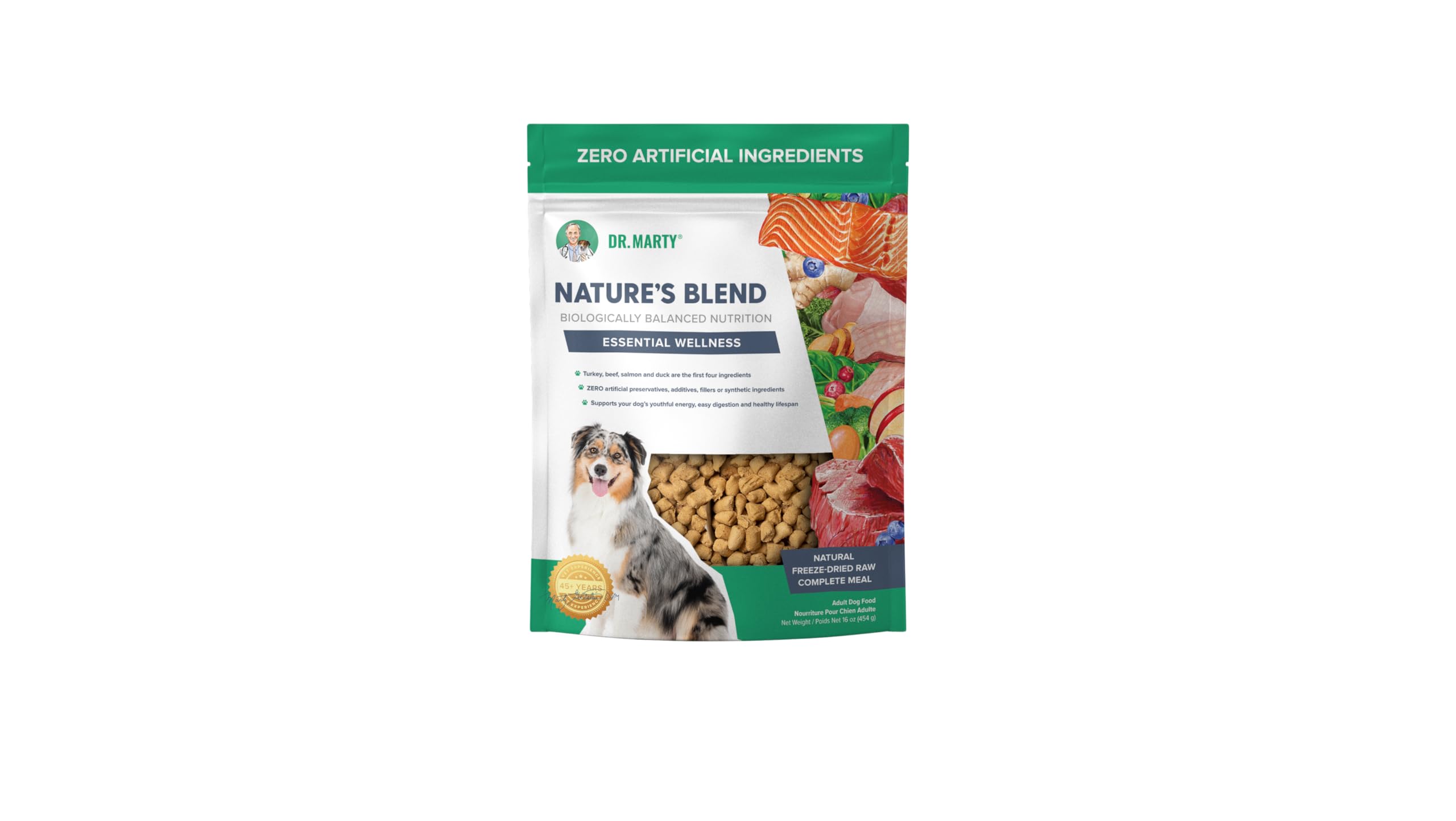 Dr. Marty Nature's Blend Essential Wellness freeze-dried dog food in a bowl supports digestion and vitality.