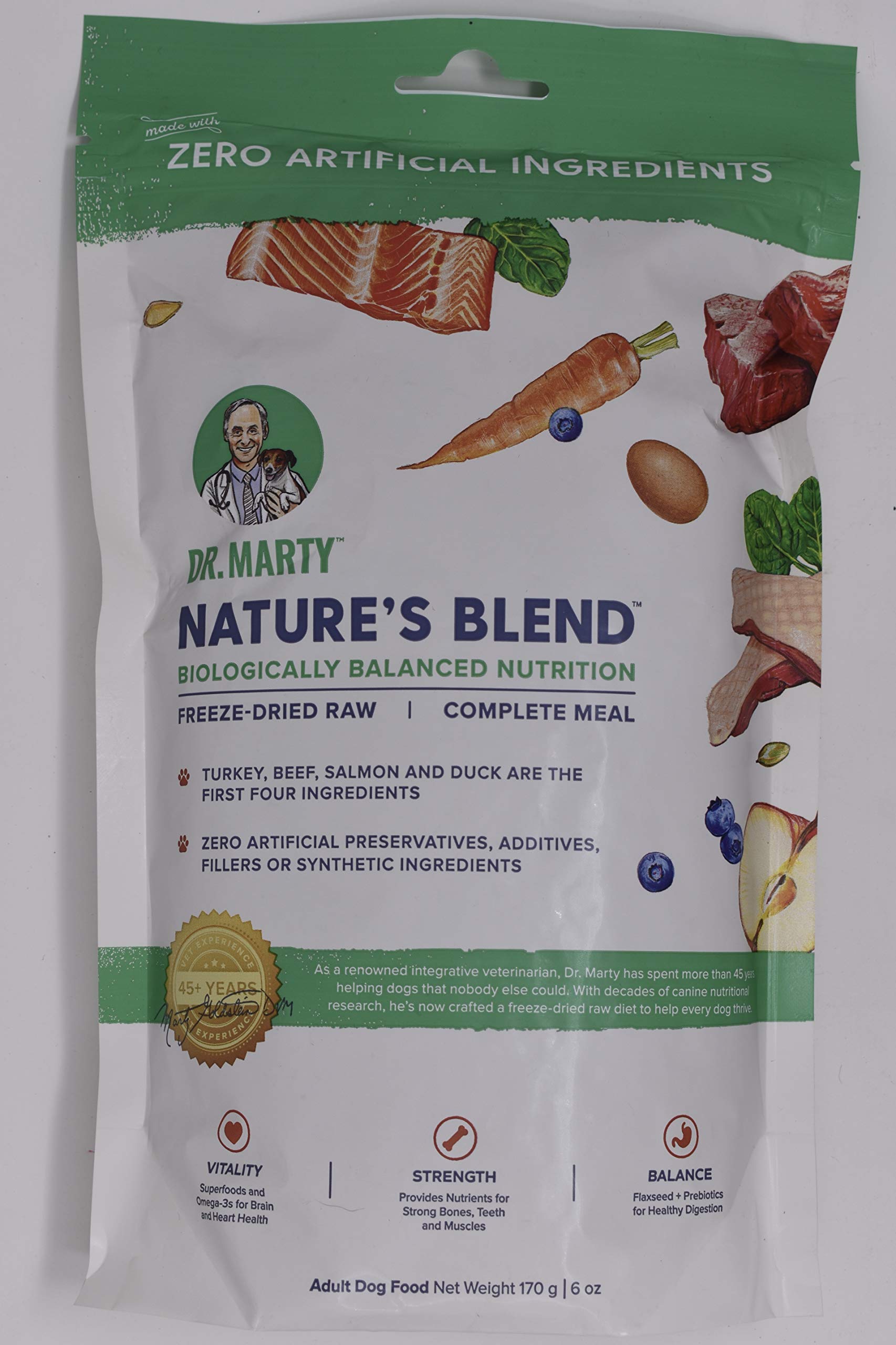 Dr. Marty Nature's Blend freeze-dried dog food 6oz packaging highlights natural ingredients for convenient meals.