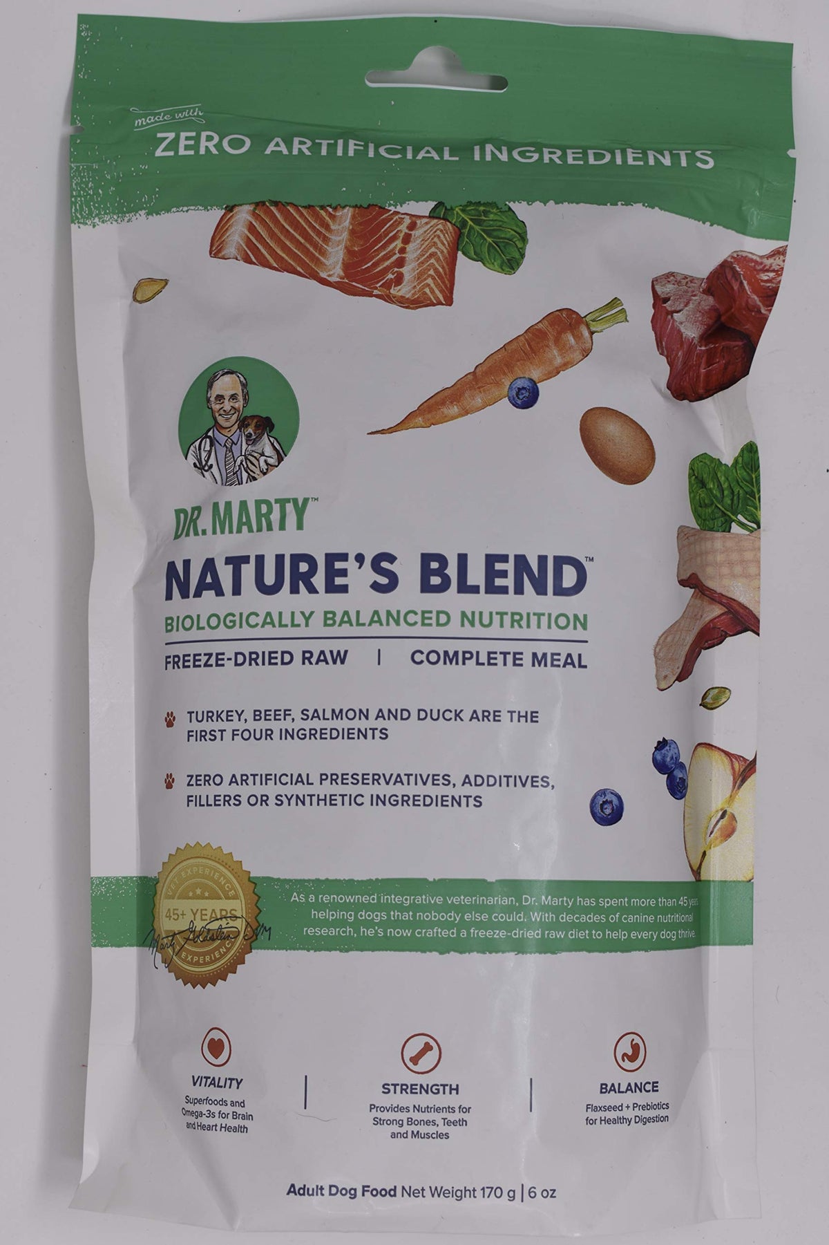 Dr. Marty Nature's Blend freeze-dried dog food 6oz packaging highlights natural ingredients for convenient meals.