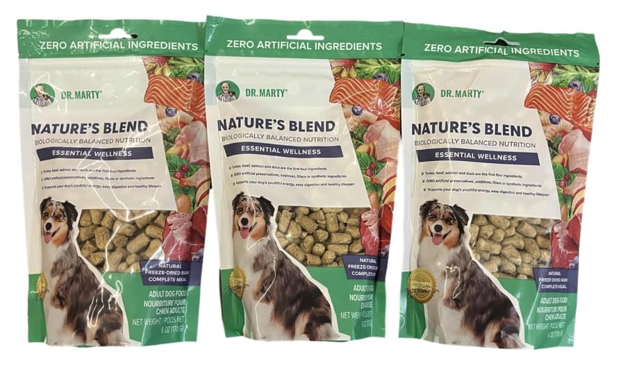 Dr. Marty Nature's Blend freeze-dried dog food packaging showing 6 oz packs for easy feeding