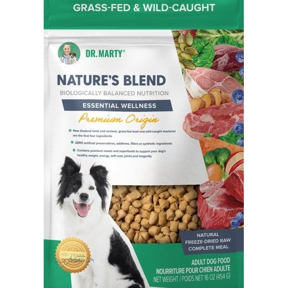 Dr. Marty Nature's Blend freeze-dried raw dog food 16oz bag for convenient, protein-rich meals.